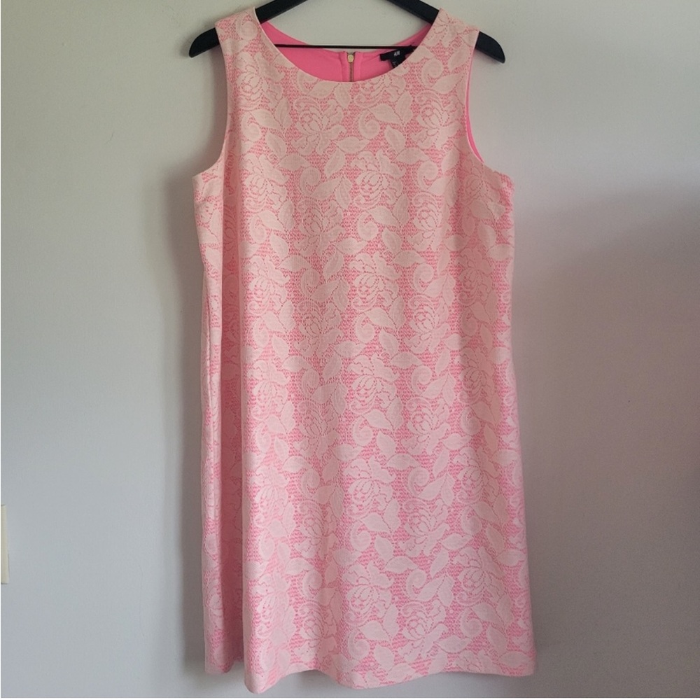 H&M Neon Pink and Ivory Lace Sleeveless Shift Dress Size Small